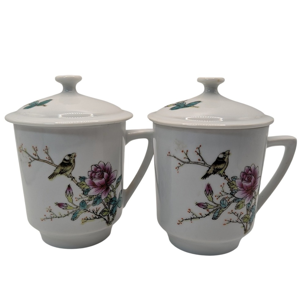 Vintage Chinese Footed Teacup Lidded Asian Rose Floral Bird Set of Two SEE